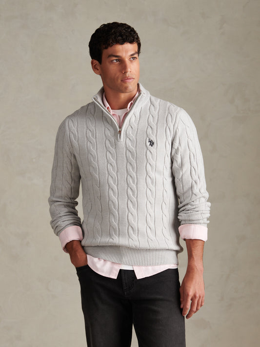 Mens Cable Knit Quarter-Zip Funnel Neck Jumper Light Grey Marl