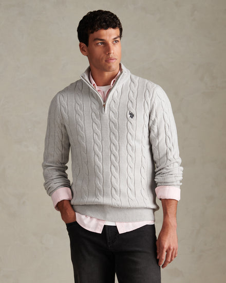 Mens Cable Knit Quarter-Zip Funnel Neck Jumper Light Grey Marl