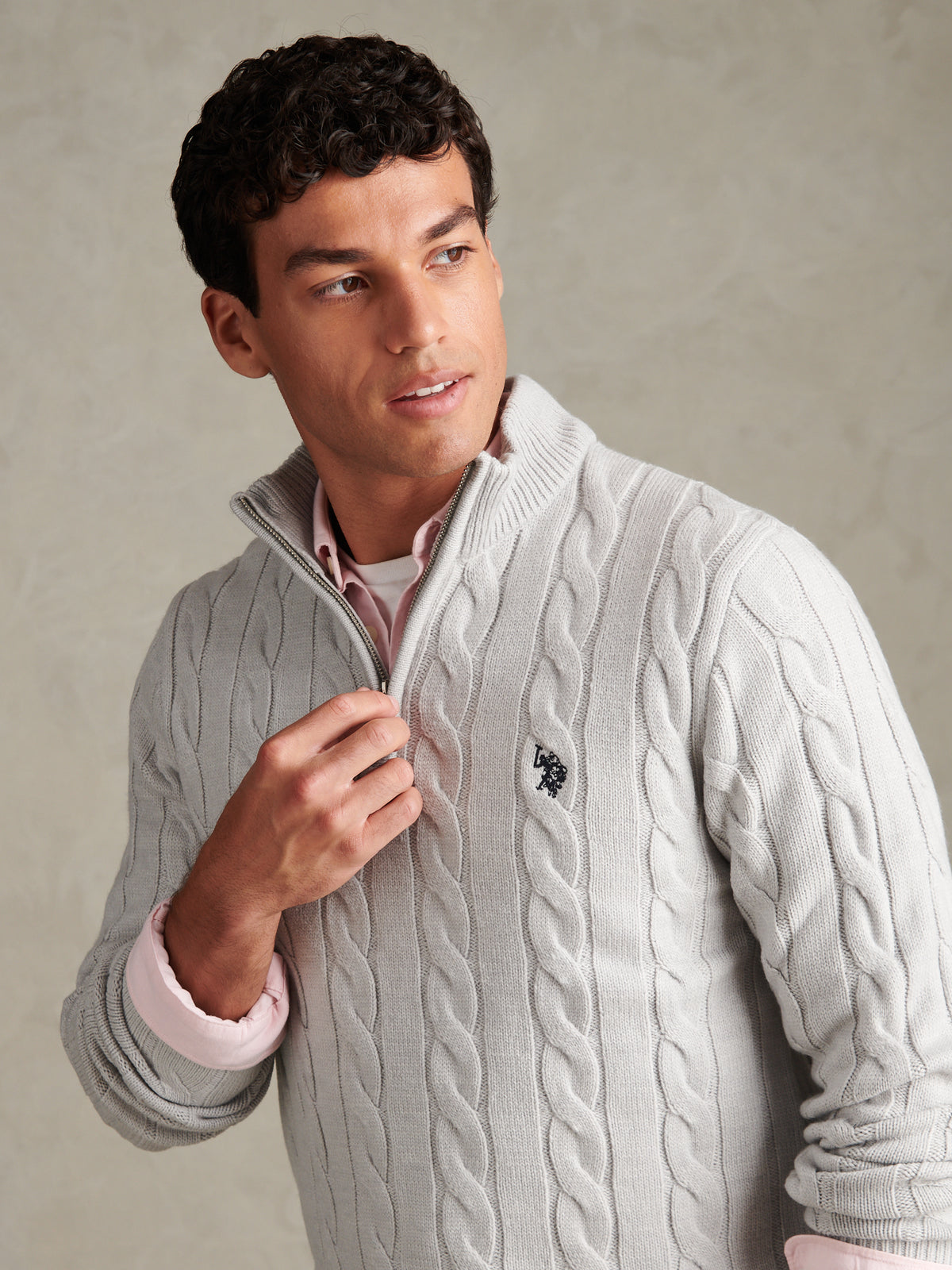 Mens Cable Knit Quarter-Zip Funnel Neck Jumper Light Grey Marl