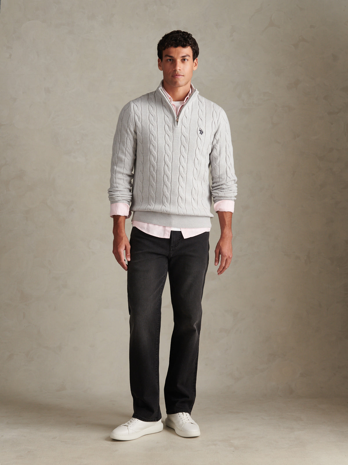 Mens Cable Knit Quarter-Zip Funnel Neck Jumper Light Grey Marl