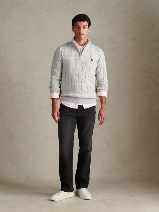 Mens Cable Knit Quarter-Zip Funnel Neck Jumper Light Grey Marl
