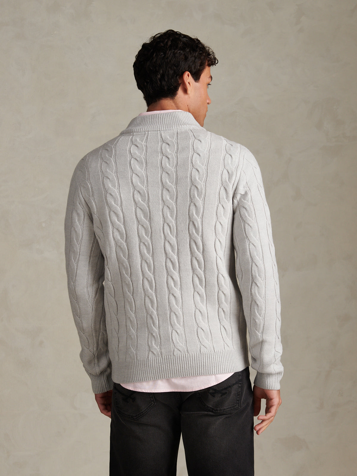 Mens Cable Knit Quarter-Zip Funnel Neck Jumper Light Grey Marl