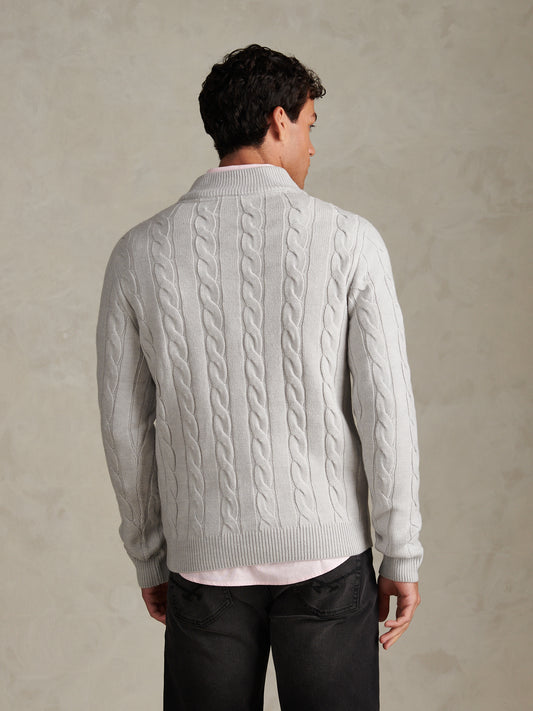 Mens Cable Knit Quarter-Zip Funnel Neck Jumper Light Grey Marl