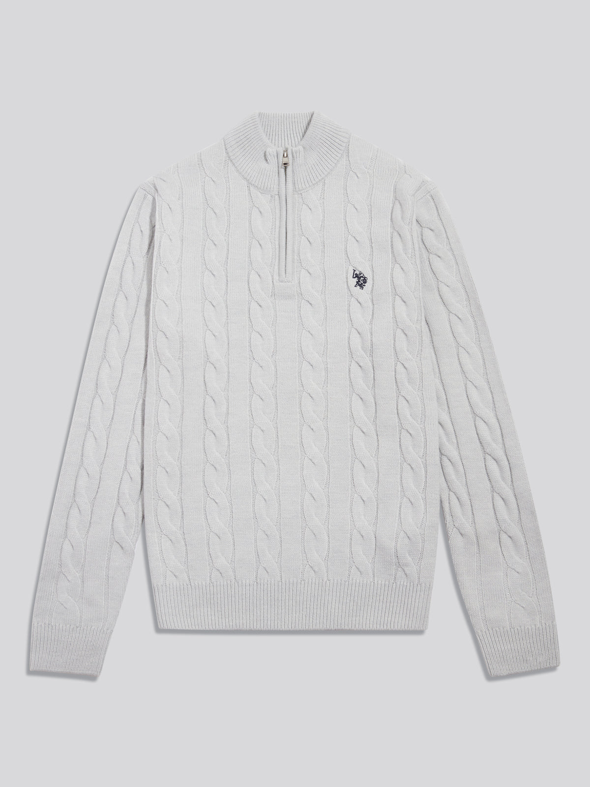 Mens Cable Knit Quarter-Zip Funnel Neck Jumper Light Grey Marl