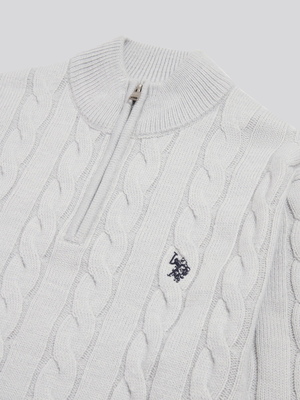 Mens Cable Knit Quarter-Zip Funnel Neck Jumper Light Grey Marl