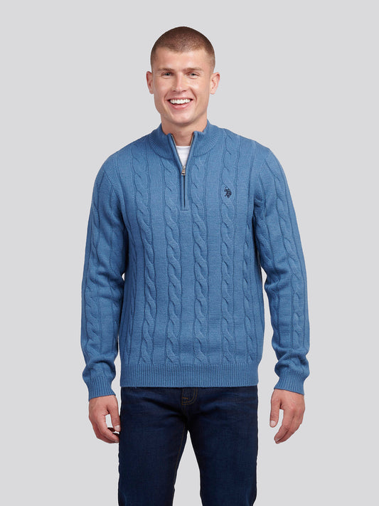 Mens Cable Knit Funnel Neck in Blue Horizon