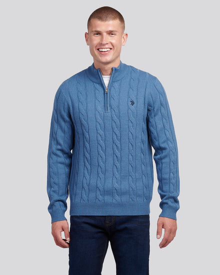 Mens Cable Knit Funnel Neck in Blue Horizon