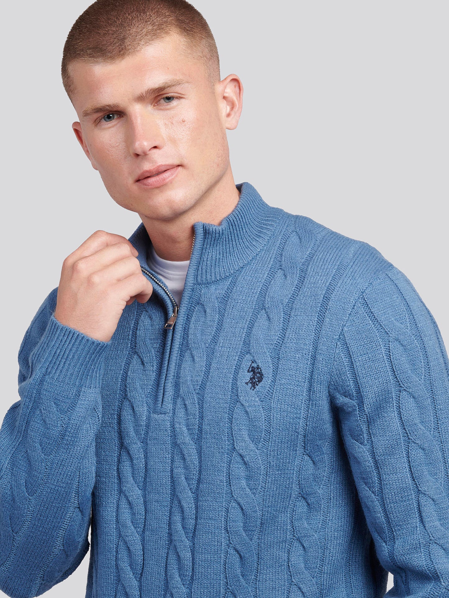 Mens Cable Knit Funnel Neck in Blue Horizon