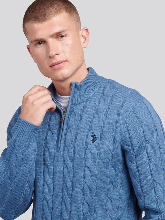Mens Cable Knit Funnel Neck in Blue Horizon