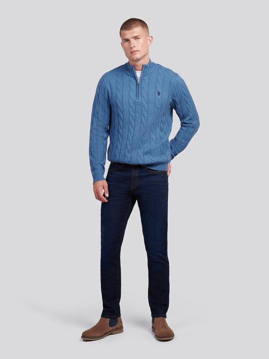 Mens Cable Knit Funnel Neck in Blue Horizon
