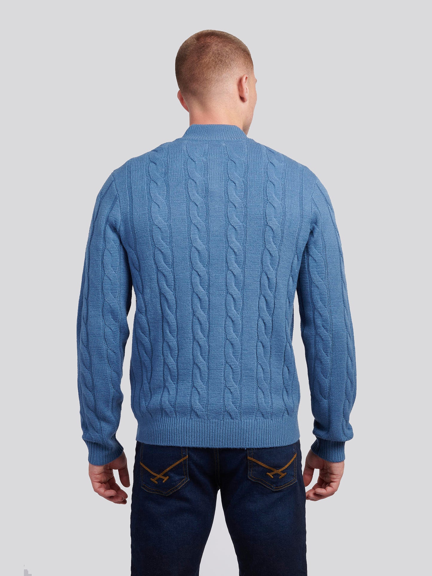 Mens Cable Knit Funnel Neck in Blue Horizon
