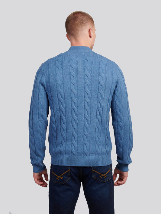 Mens Cable Knit Funnel Neck in Blue Horizon