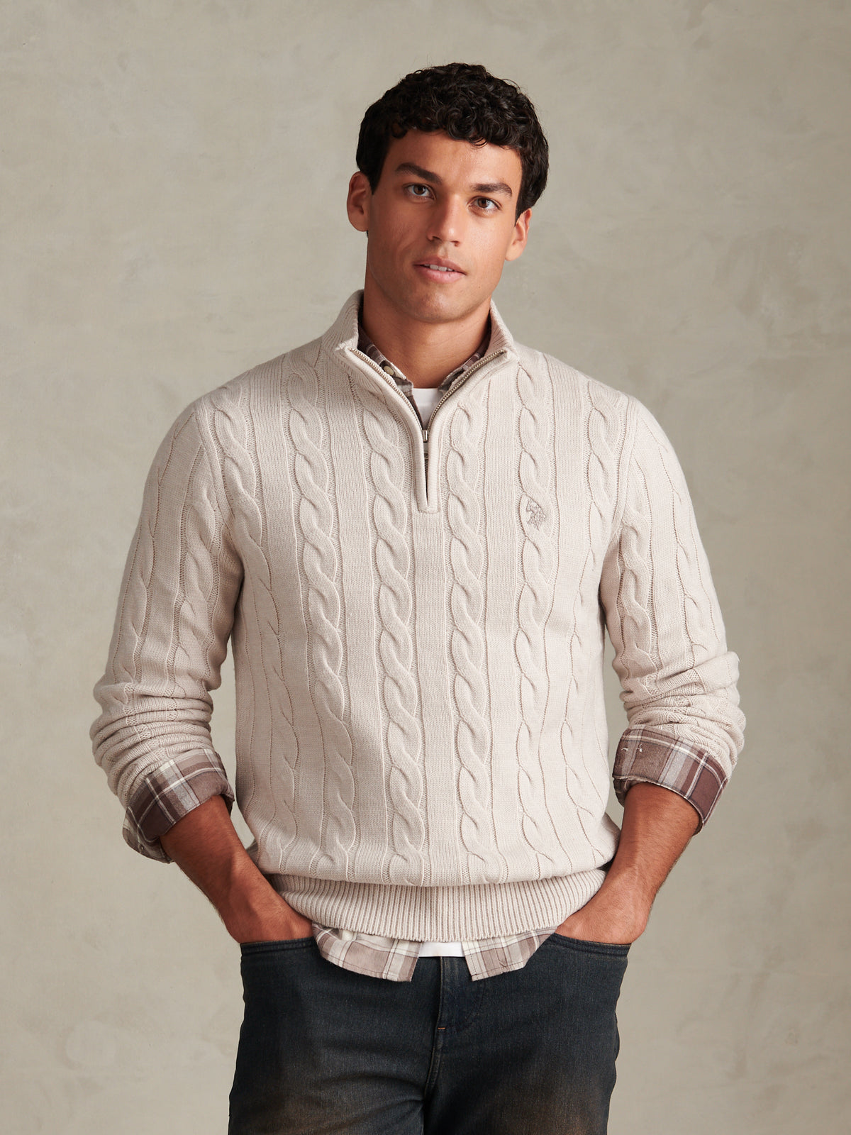 Mens Cable Knit Quarter-Zip Funnel Neck Jumper Nacreous Clouds Marl