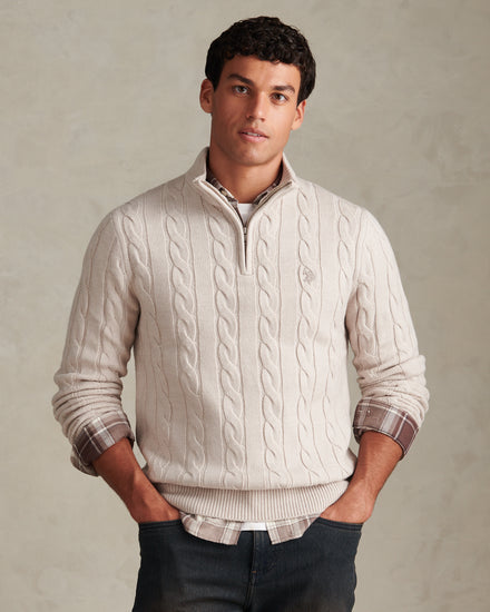 Mens Cable Knit Quarter-Zip Funnel Neck Jumper Nacreous Clouds Marl