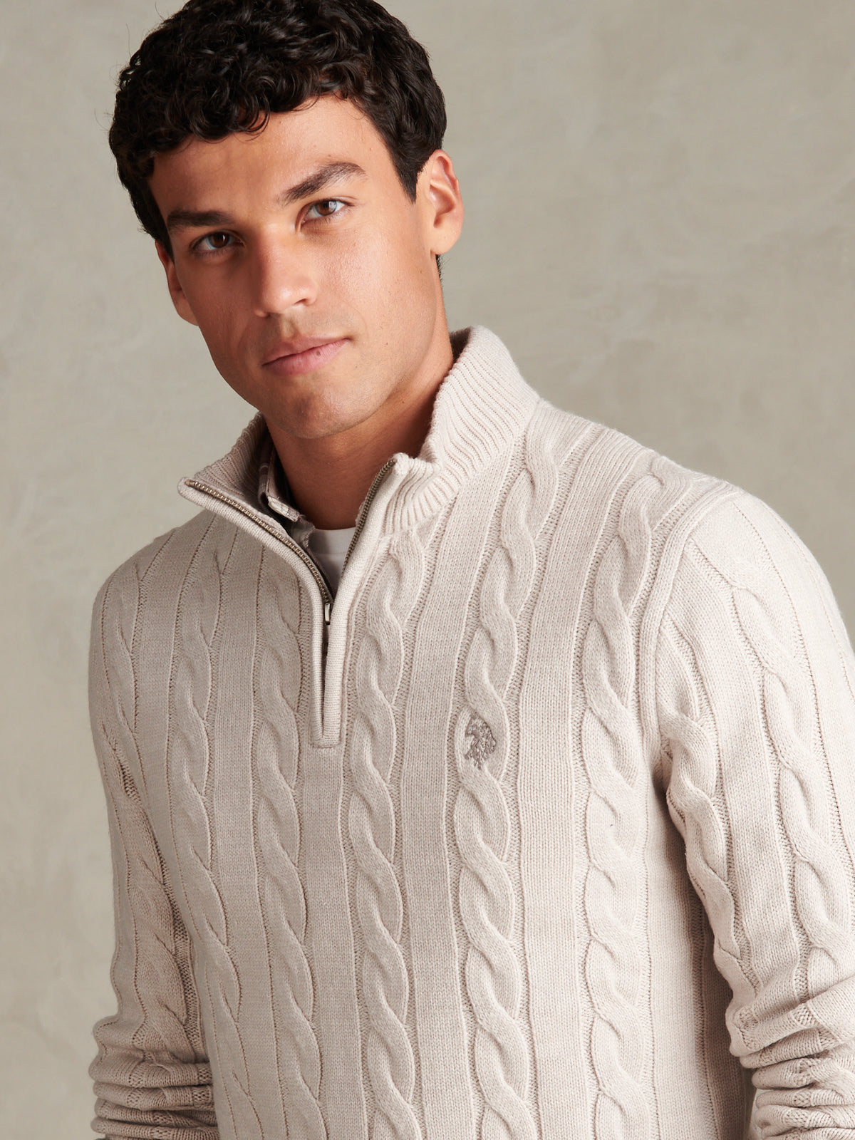 Mens Cable Knit Quarter-Zip Funnel Neck Jumper Nacreous Clouds Marl