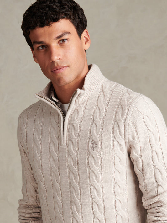 Mens Cable Knit Quarter-Zip Funnel Neck Jumper Nacreous Clouds Marl