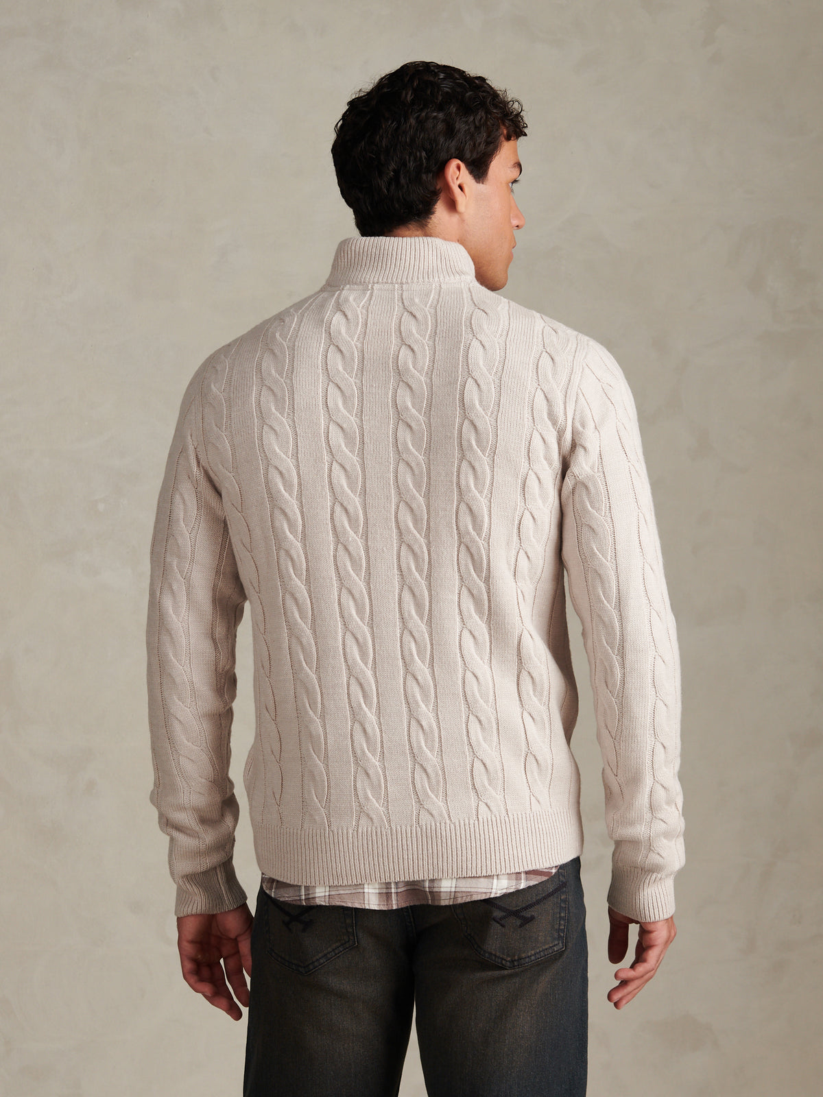 Mens Cable Knit Quarter-Zip Funnel Neck Jumper Nacreous Clouds Marl
