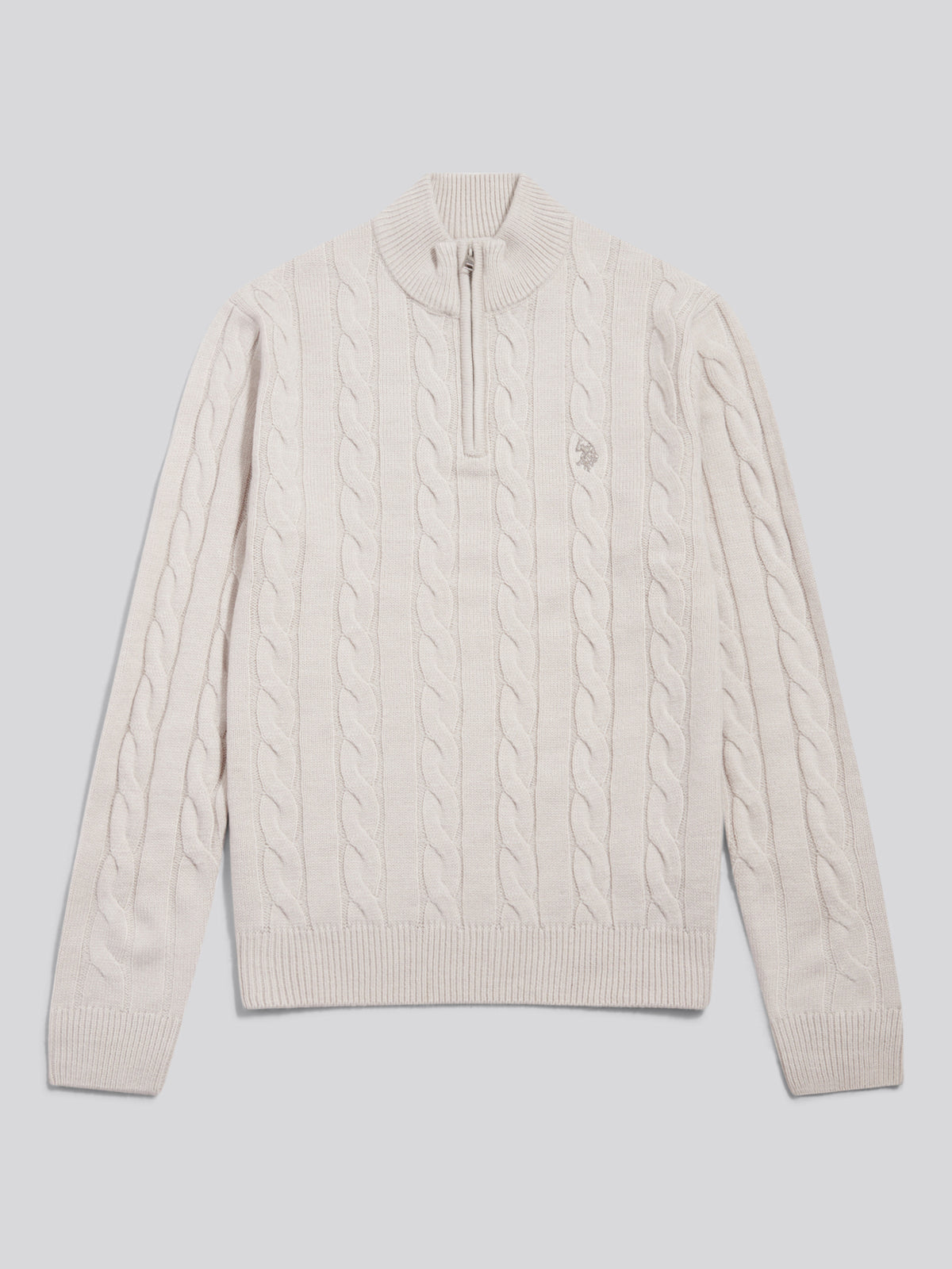 Mens Cable Knit Quarter-Zip Funnel Neck Jumper Nacreous Clouds Marl