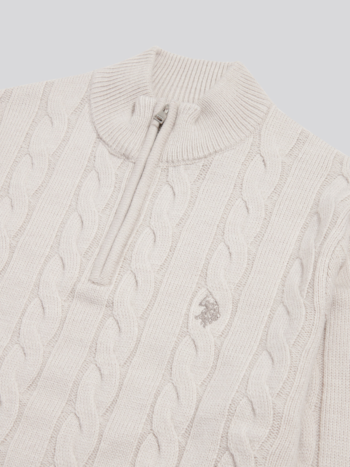 Mens Cable Knit Quarter-Zip Funnel Neck Jumper Nacreous Clouds Marl