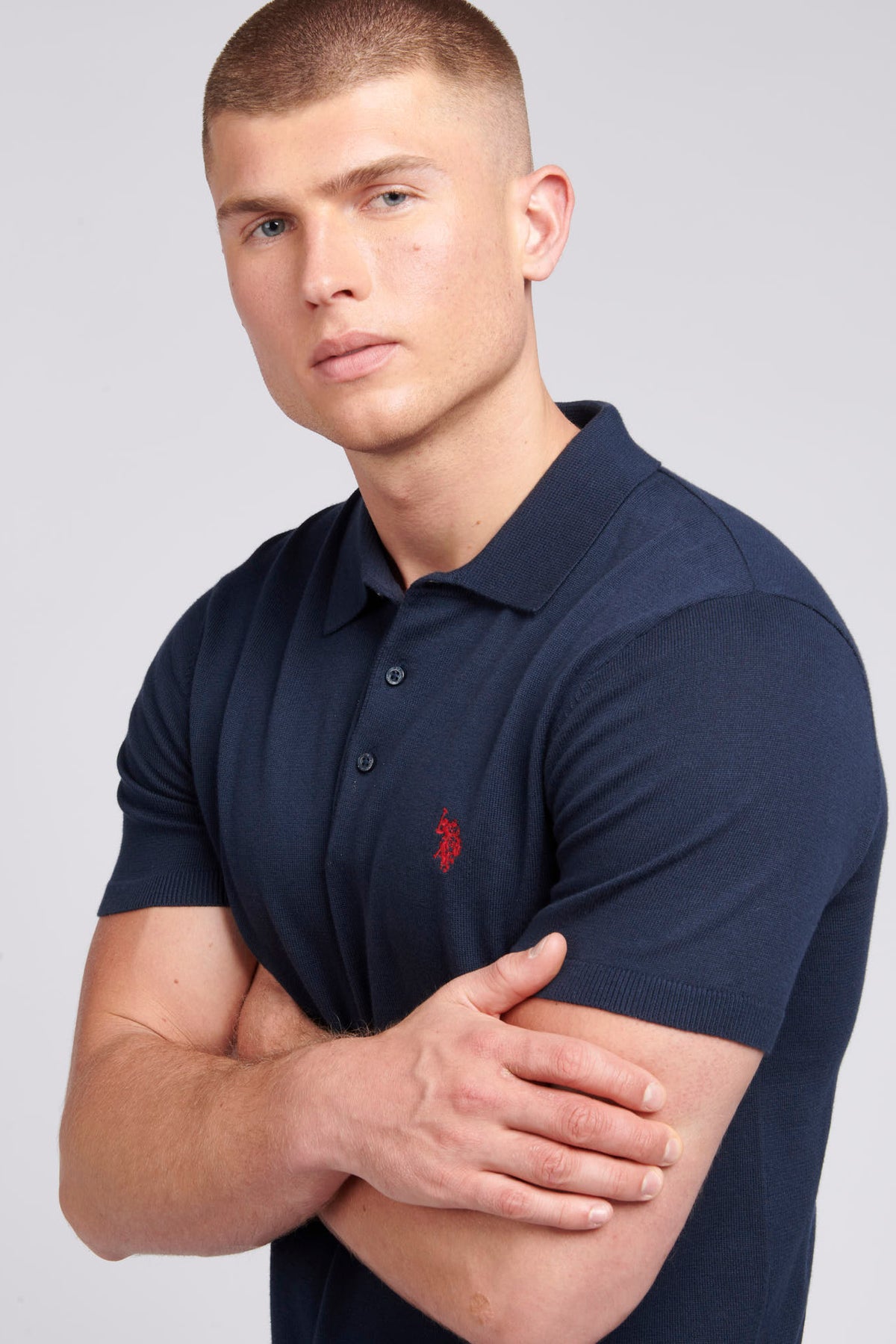 Mens Regular Fit Combed Cotton Polo Shirt in Dark Sapphire Navy / Haute Red DHM