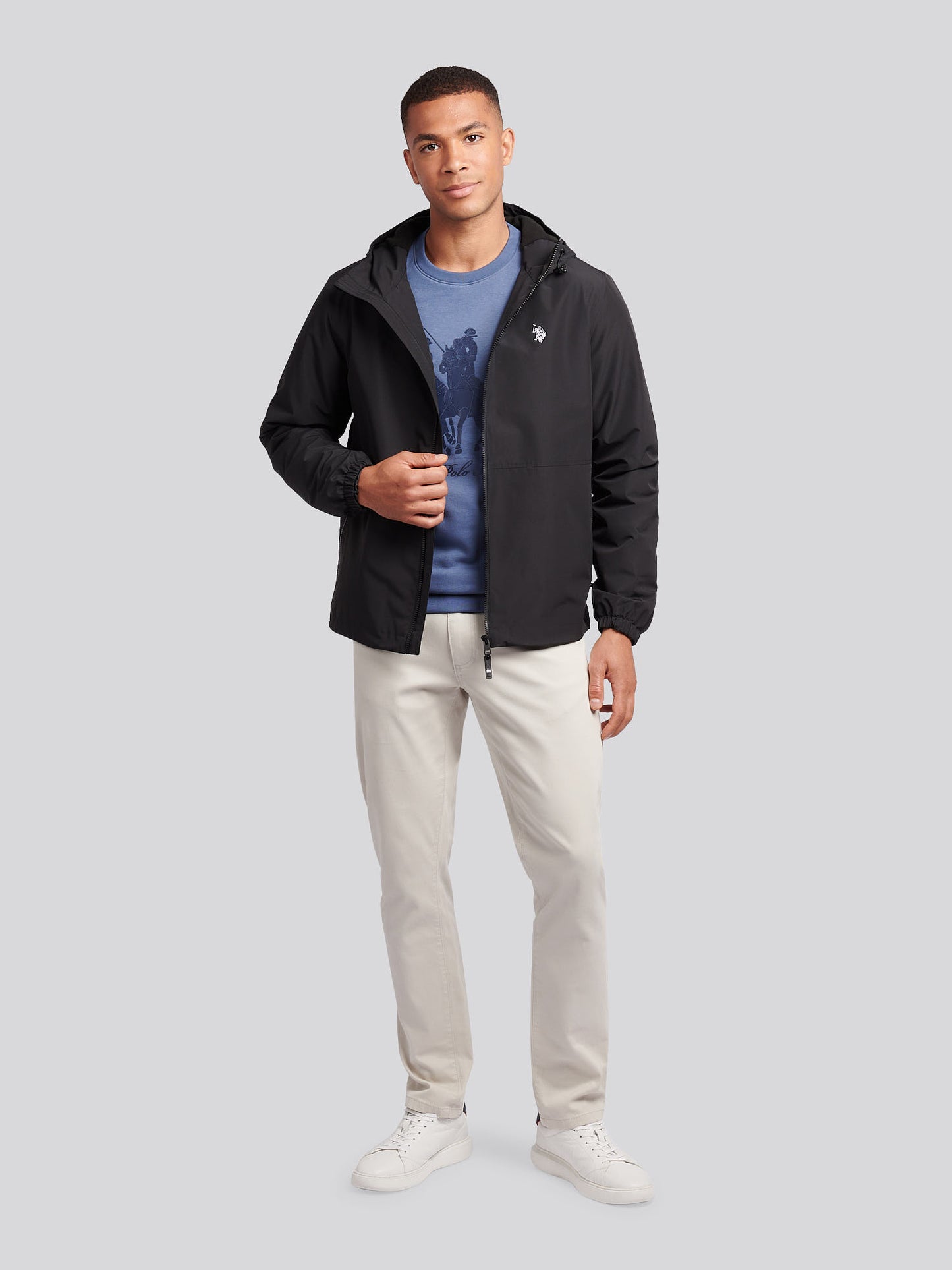 Mens Fleece Lined Windbreaker Jacket in Black Bright White DHM