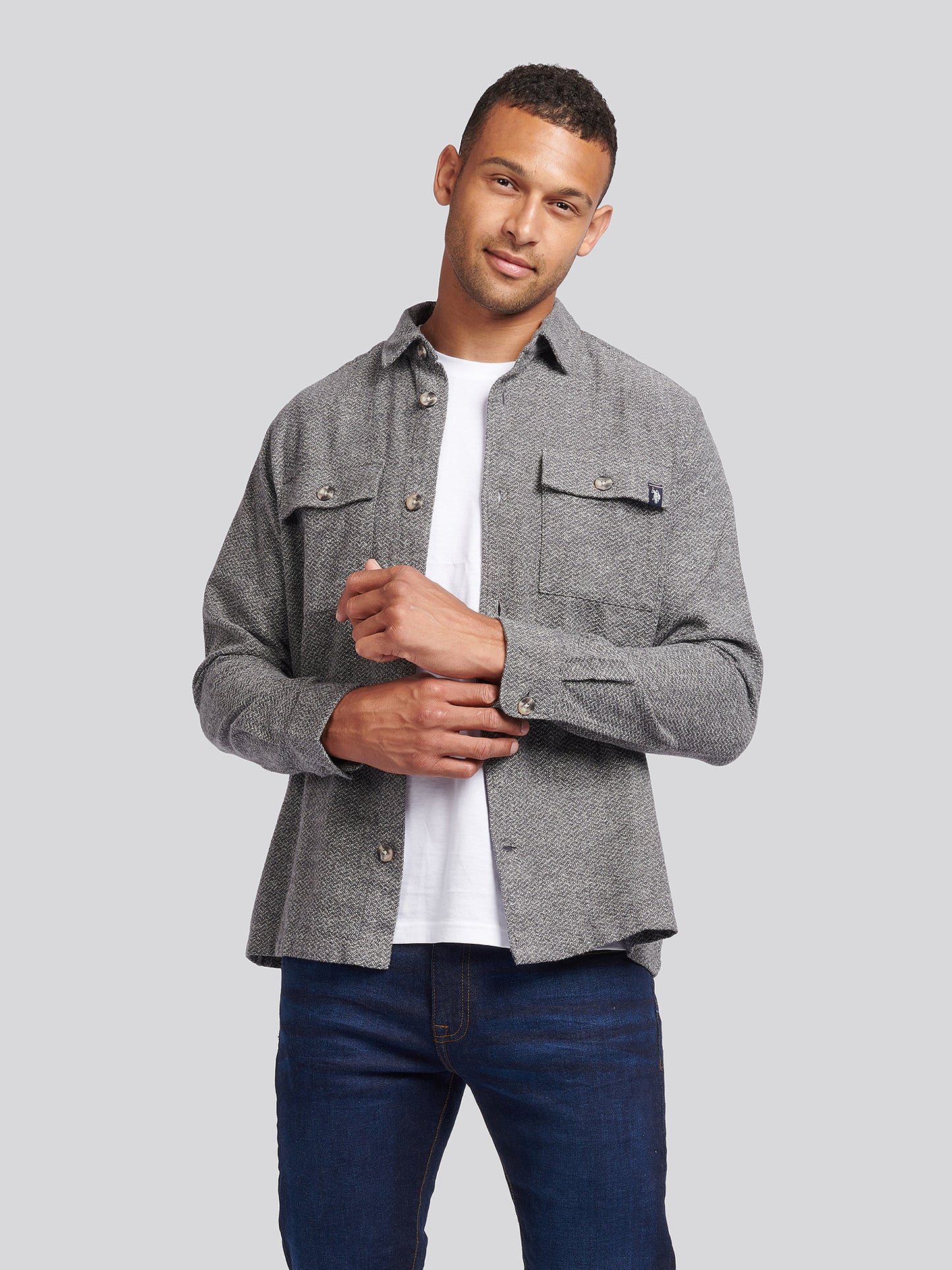 Mens Textured Herringbone Cotton Shirt in Mid Grey Marl