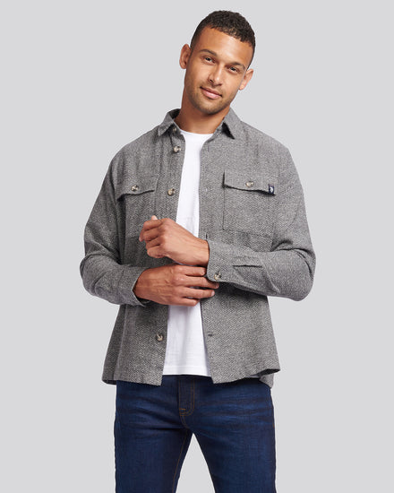 Mens Textured Herringbone Cotton Shirt in Mid Grey Marl