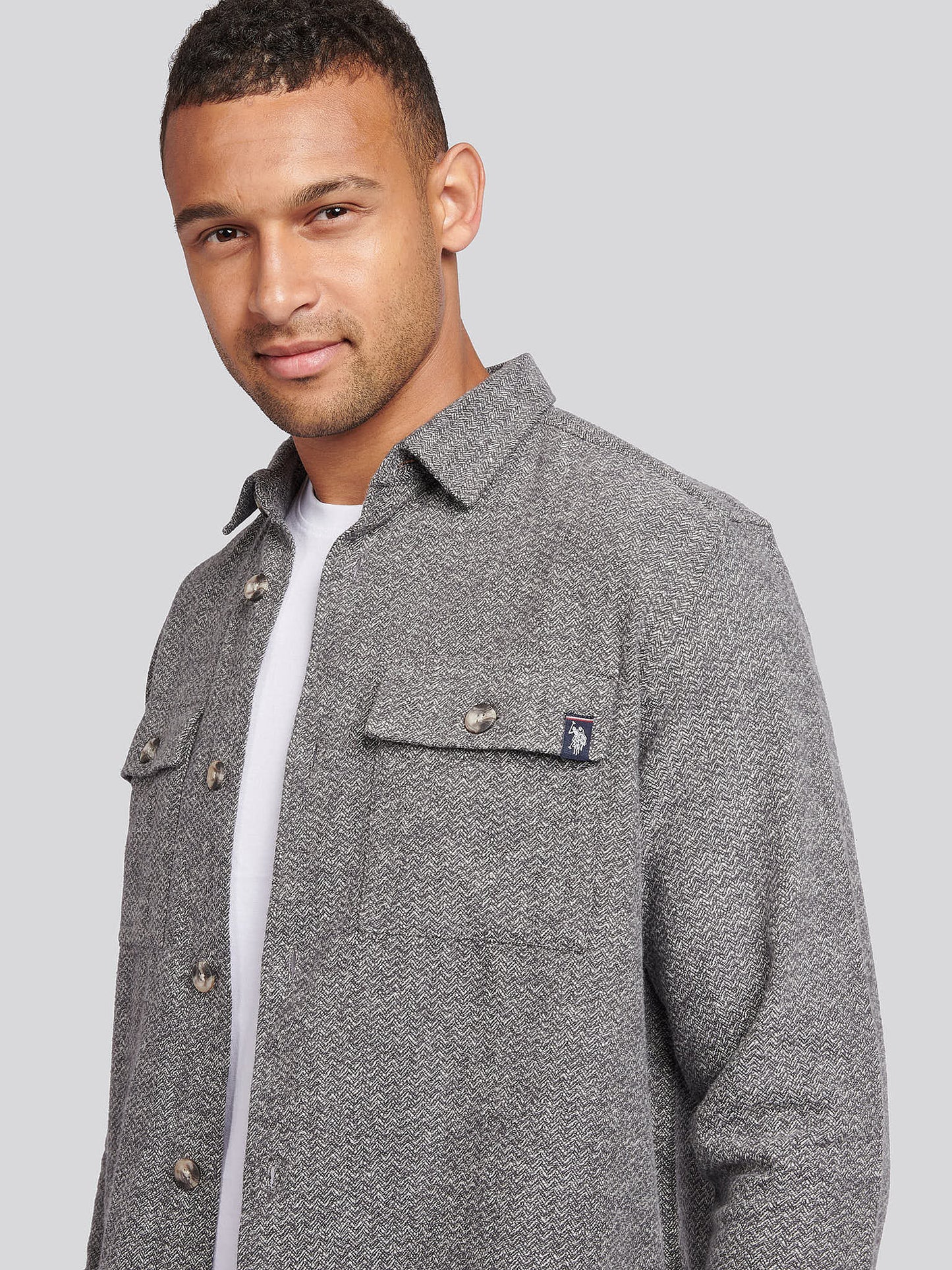 Mens Textured Herringbone Cotton Shirt in Mid Grey Marl