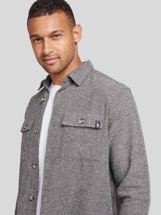 Mens Textured Herringbone Cotton Shirt in Mid Grey Marl