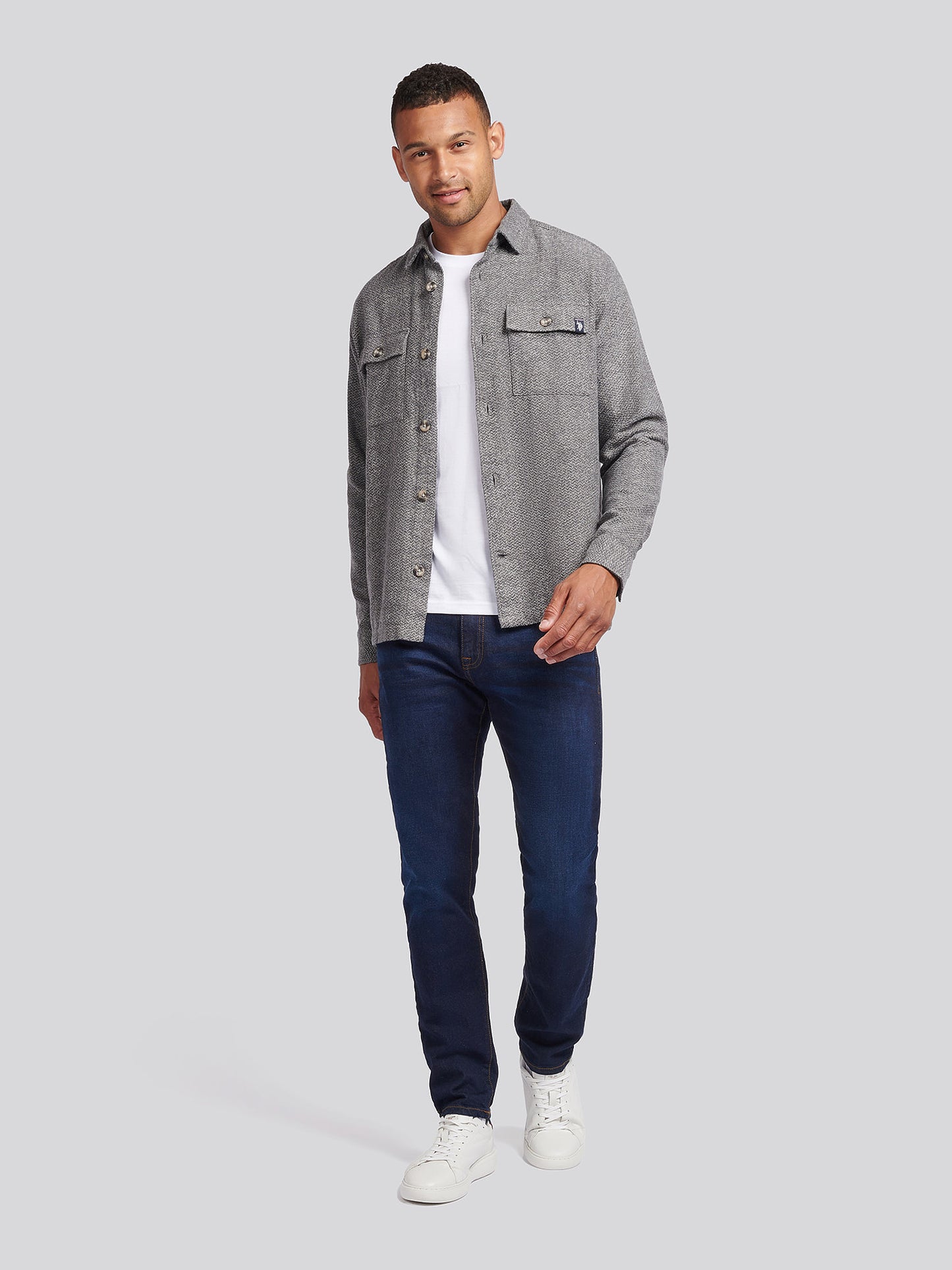 Mens Textured Herringbone Cotton Shirt in Mid Grey Marl