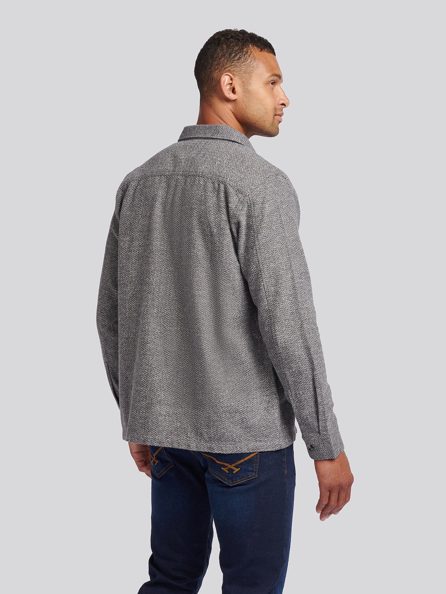 Mens Textured Herringbone Cotton Shirt in Mid Grey Marl