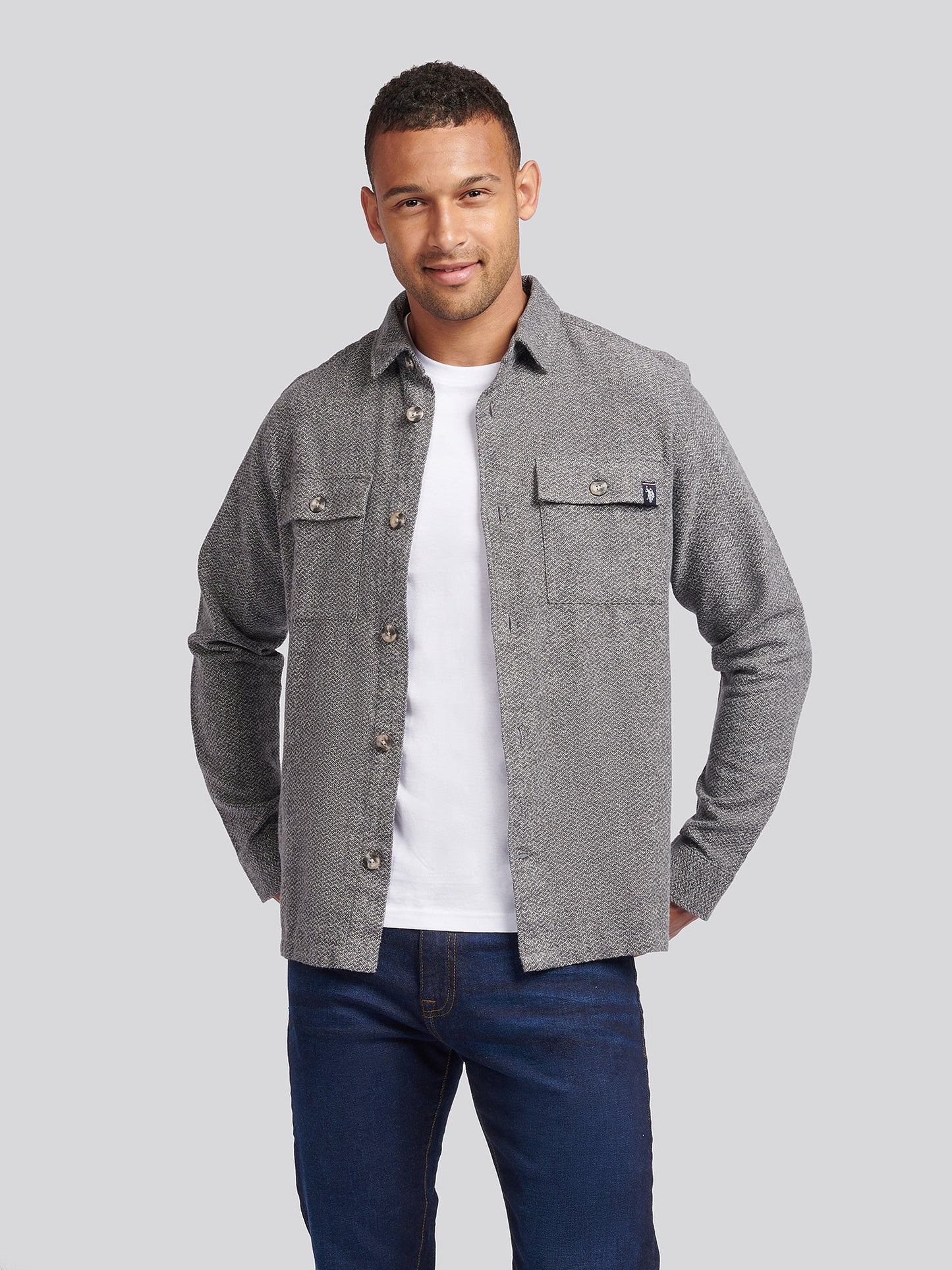 Mens Textured Herringbone Cotton Shirt in Mid Grey Marl