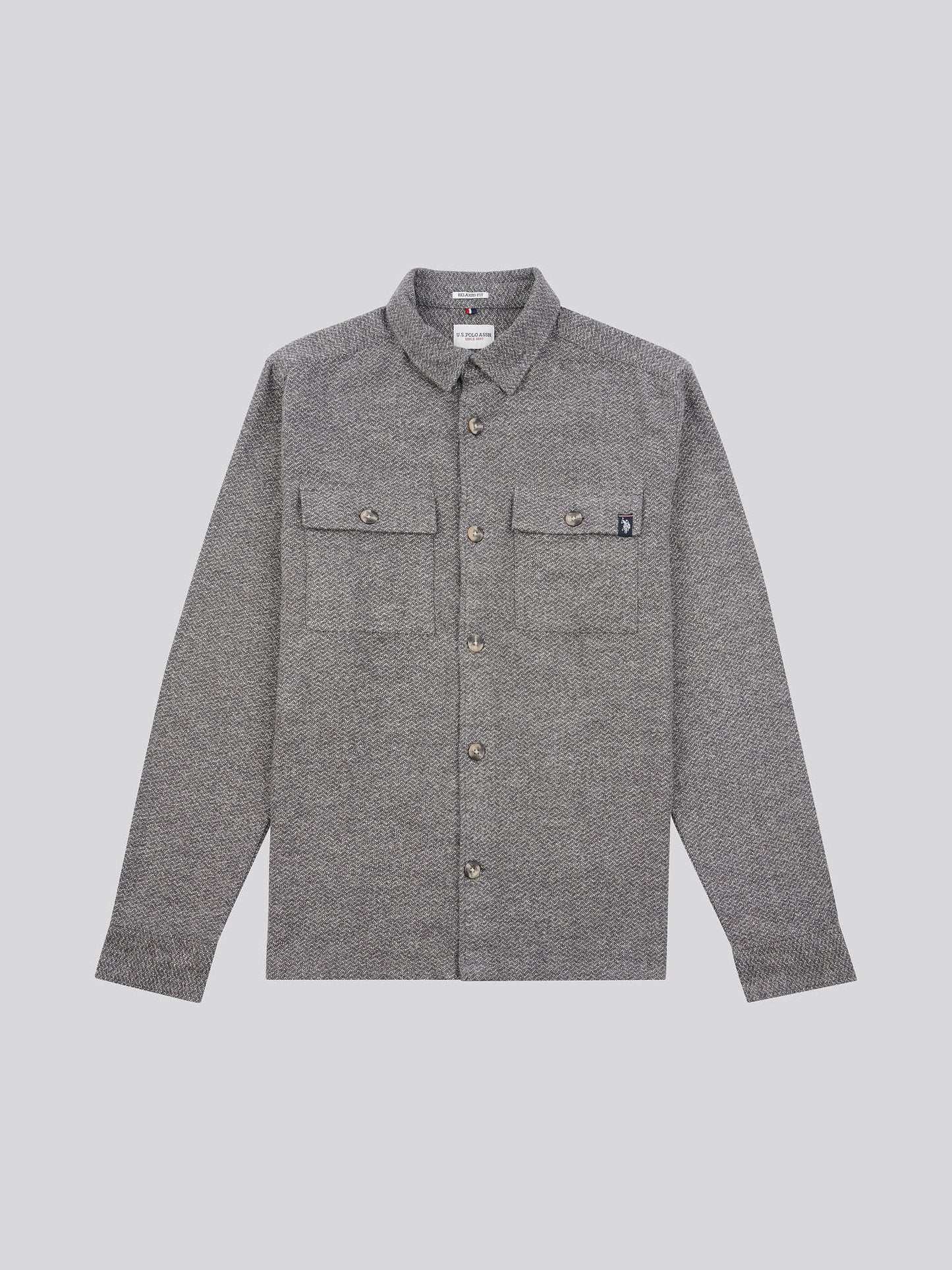 Mens Textured Herringbone Cotton Shirt in Mid Grey Marl