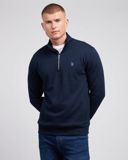 Mens Textured Rib ¼ Zip Sweatshirt in Dark Sapphire Navy / Moonlight Blue DHM