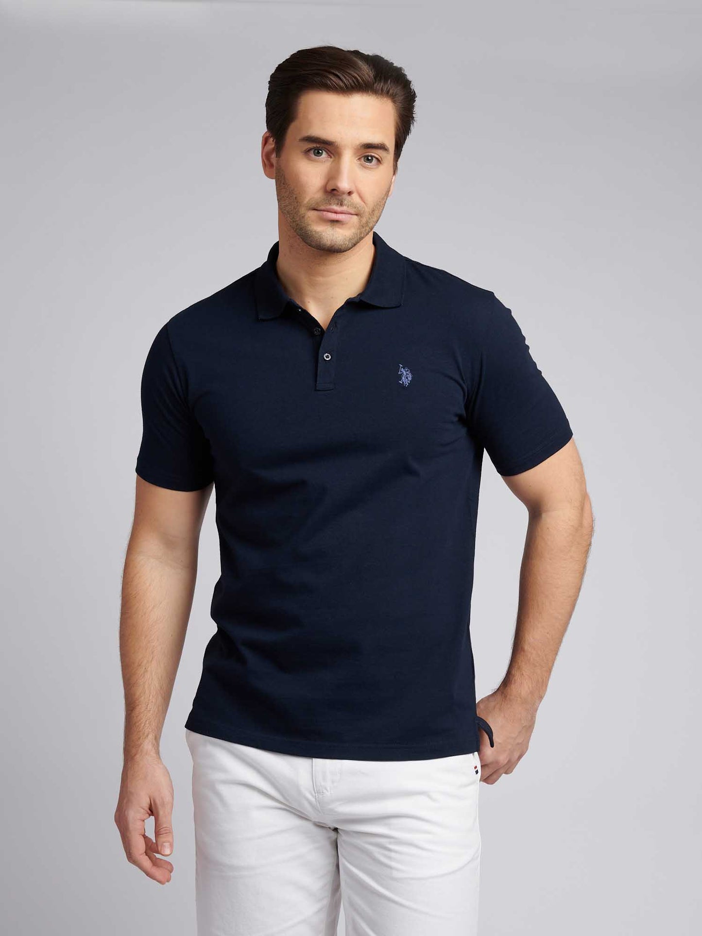 Mens Double Horsemen Jersey Polo Shirt in Dark Sapphire Navy / Moonlight Blue DHM
