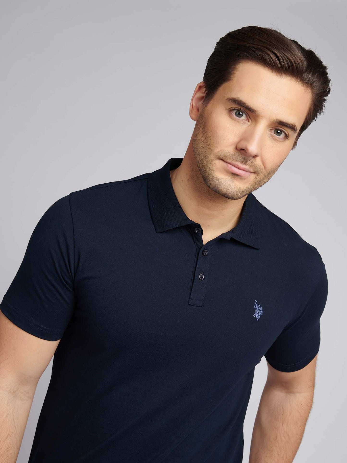Mens Double Horsemen Jersey Polo Shirt in Dark Sapphire Navy / Moonlight Blue DHM