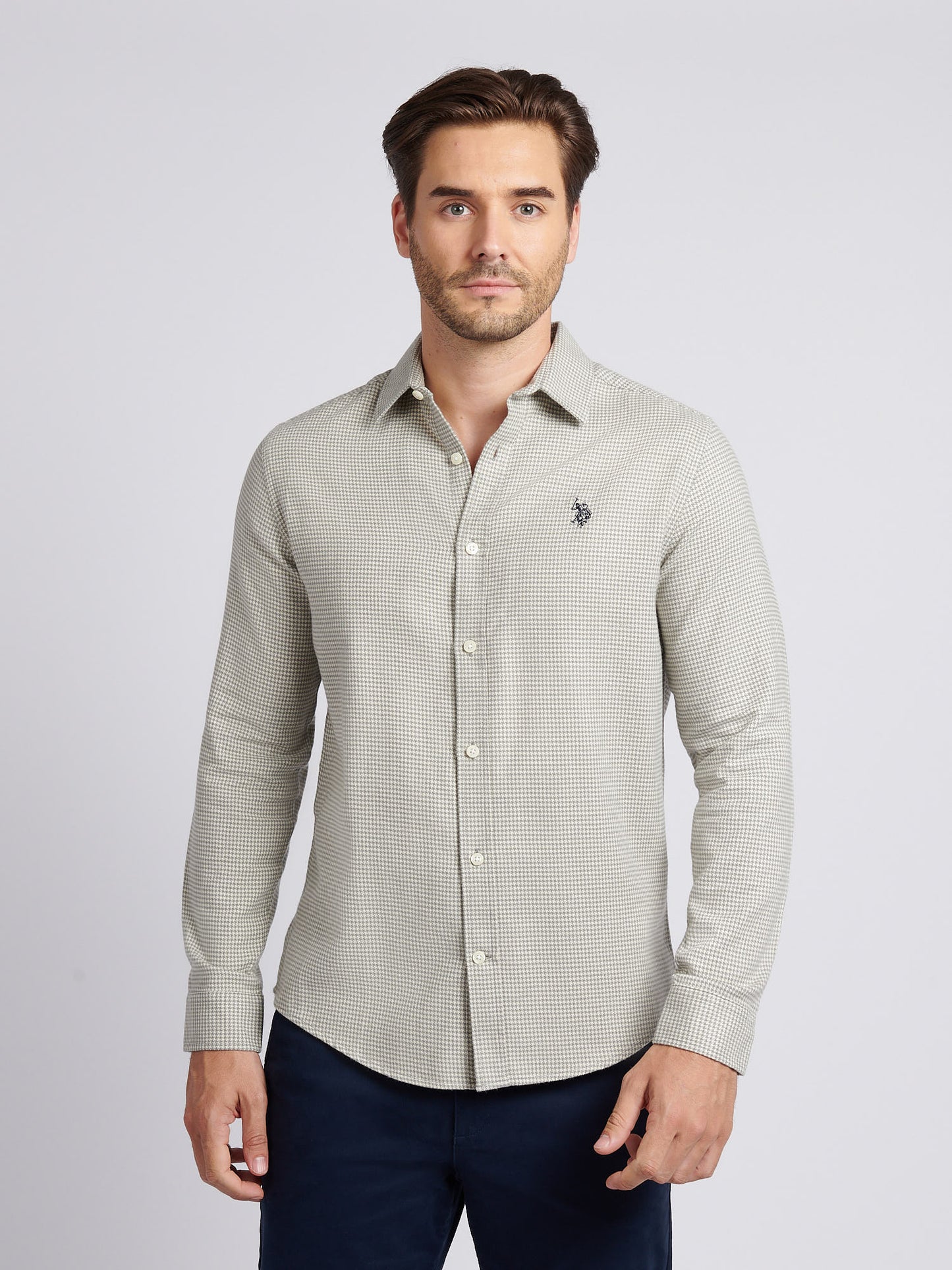 Mens Mini Houndstooth Shirt in Mid Grey Marl