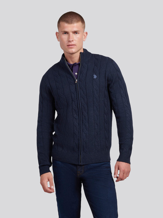 Mens Cable Knit Zip Funnel Neck in Dark Sapphire Navy / Moonlight Blue DHM