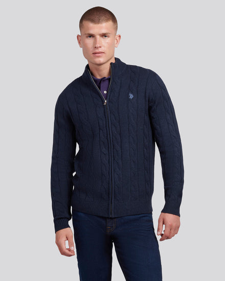 Mens Cable Knit Zip Funnel Neck in Dark Sapphire Navy / Moonlight Blue DHM