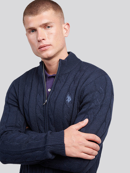 Mens Cable Knit Zip Funnel Neck in Dark Sapphire Navy / Moonlight Blue DHM