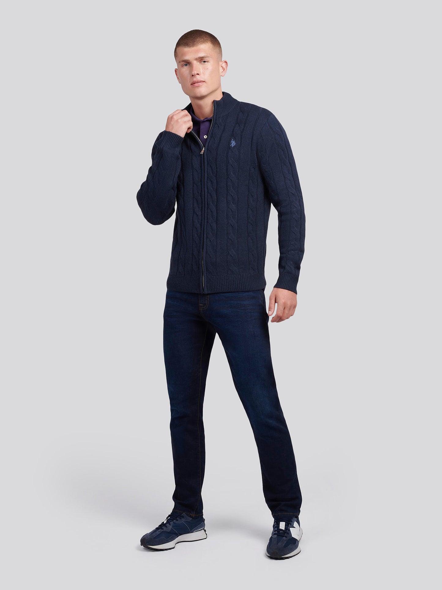Mens Cable Knit Zip Funnel Neck in Dark Sapphire Navy / Moonlight Blue DHM