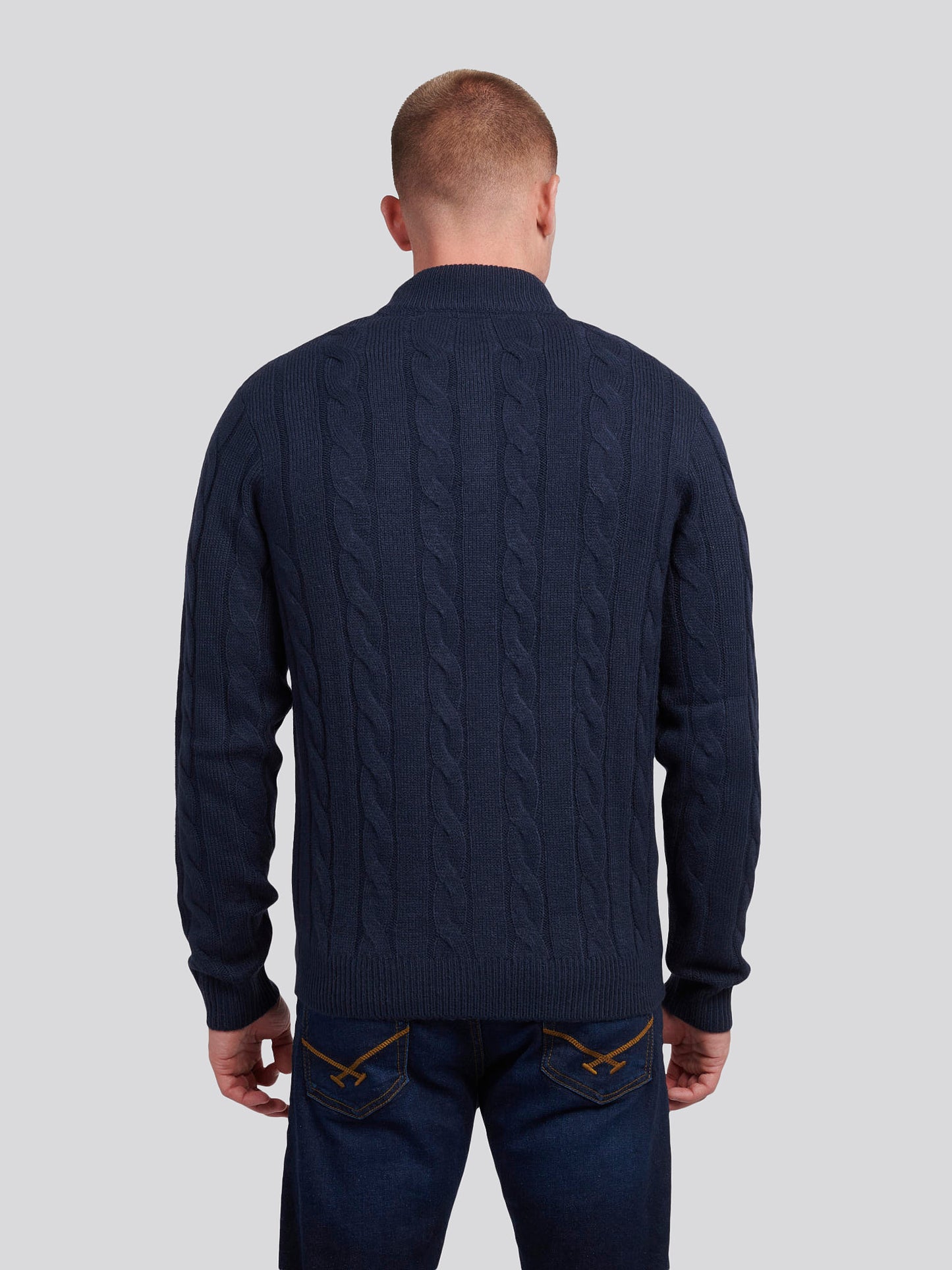 Mens Cable Knit Zip Funnel Neck in Dark Sapphire Navy / Moonlight Blue DHM