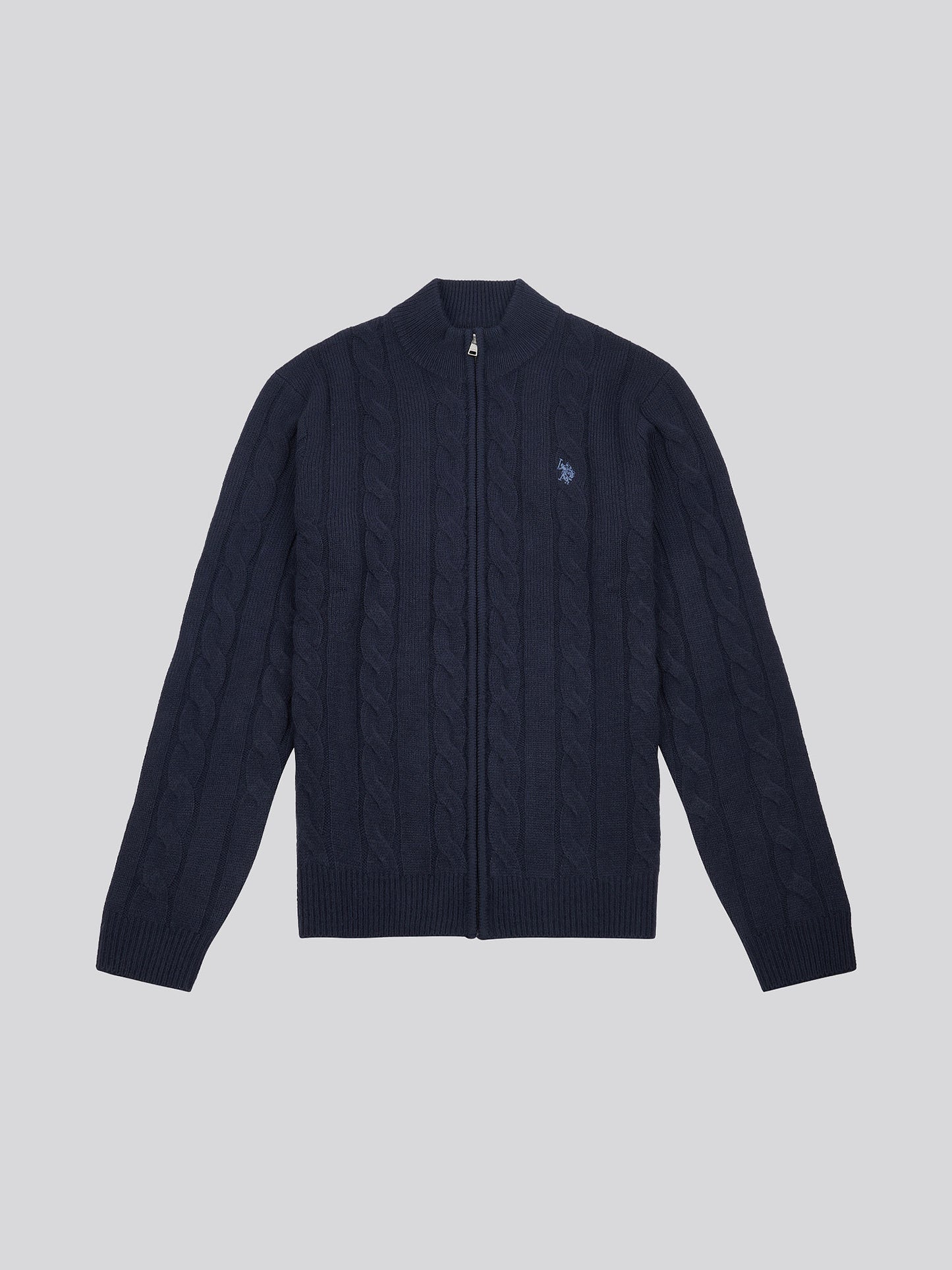 Mens Cable Knit Zip Funnel Neck in Dark Sapphire Navy / Moonlight Blue DHM