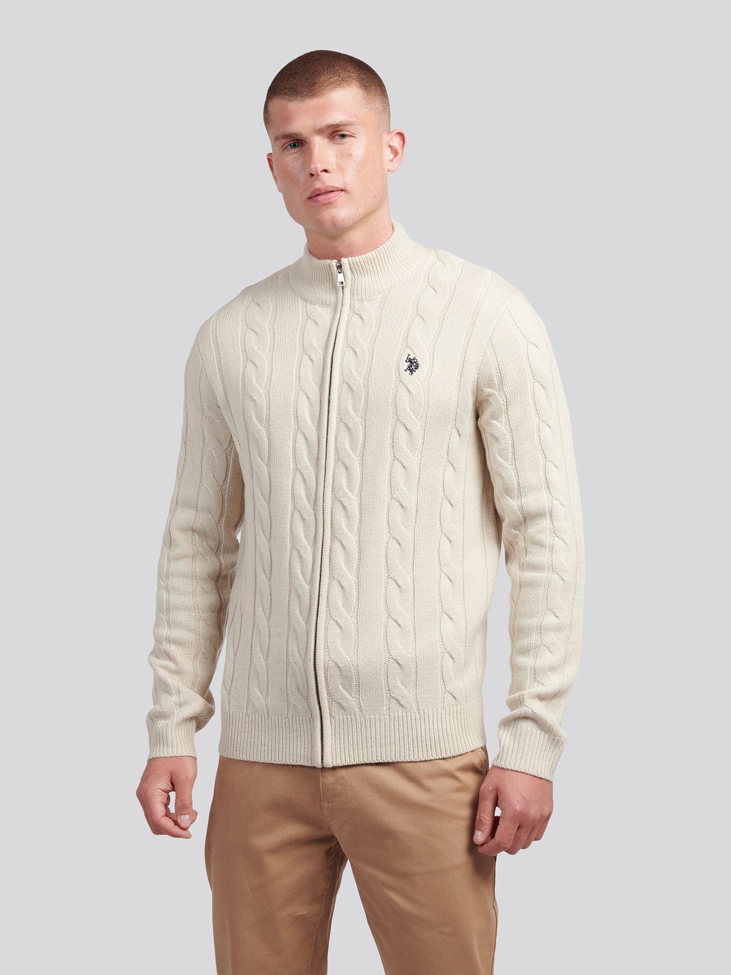 Mens Cable Knit Zip Funnel Neck in Birch Marl