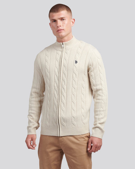 Mens Cable Knit Zip Funnel Neck in Birch Marl