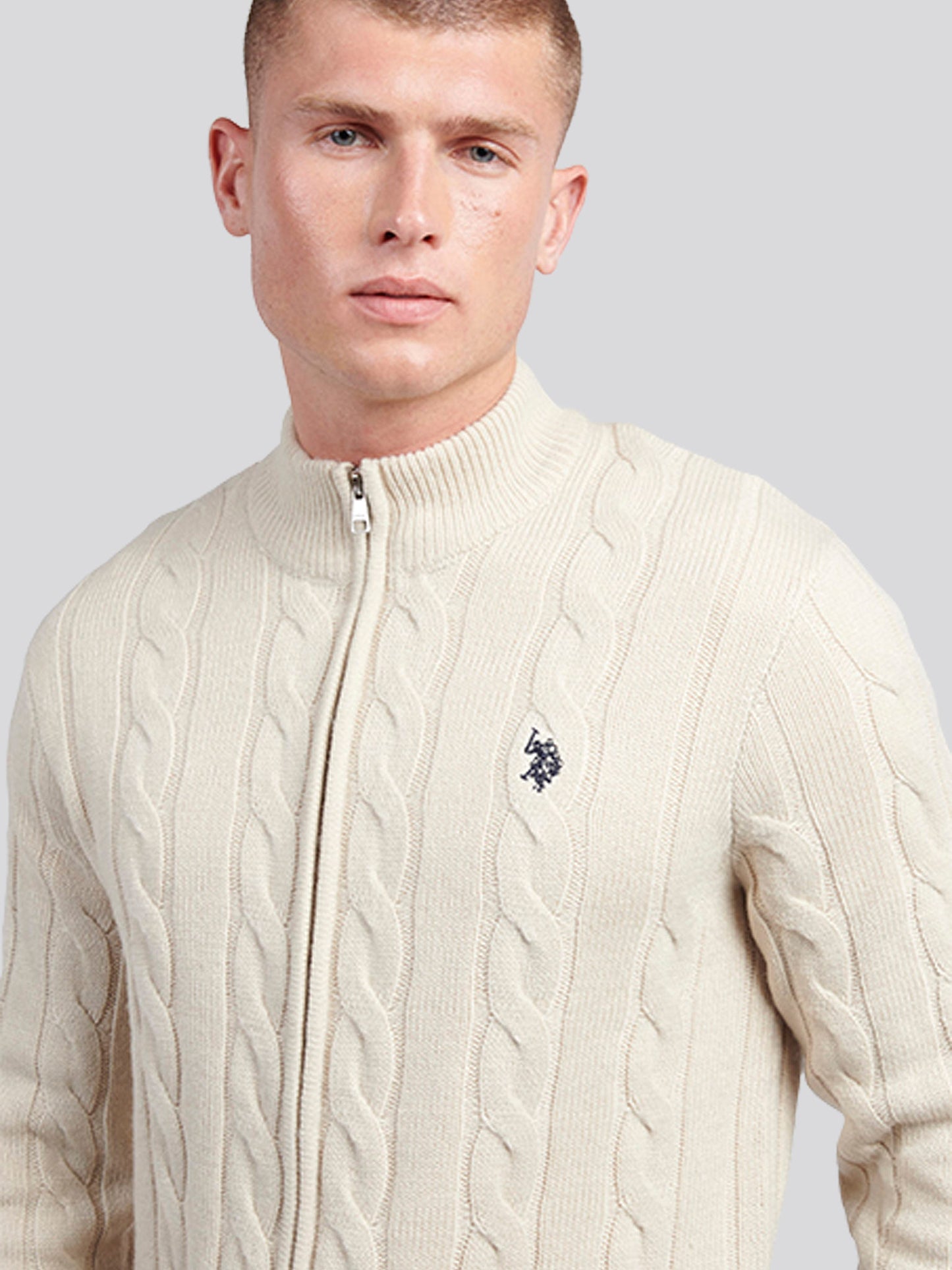 Mens Cable Knit Zip Funnel Neck in Birch Marl