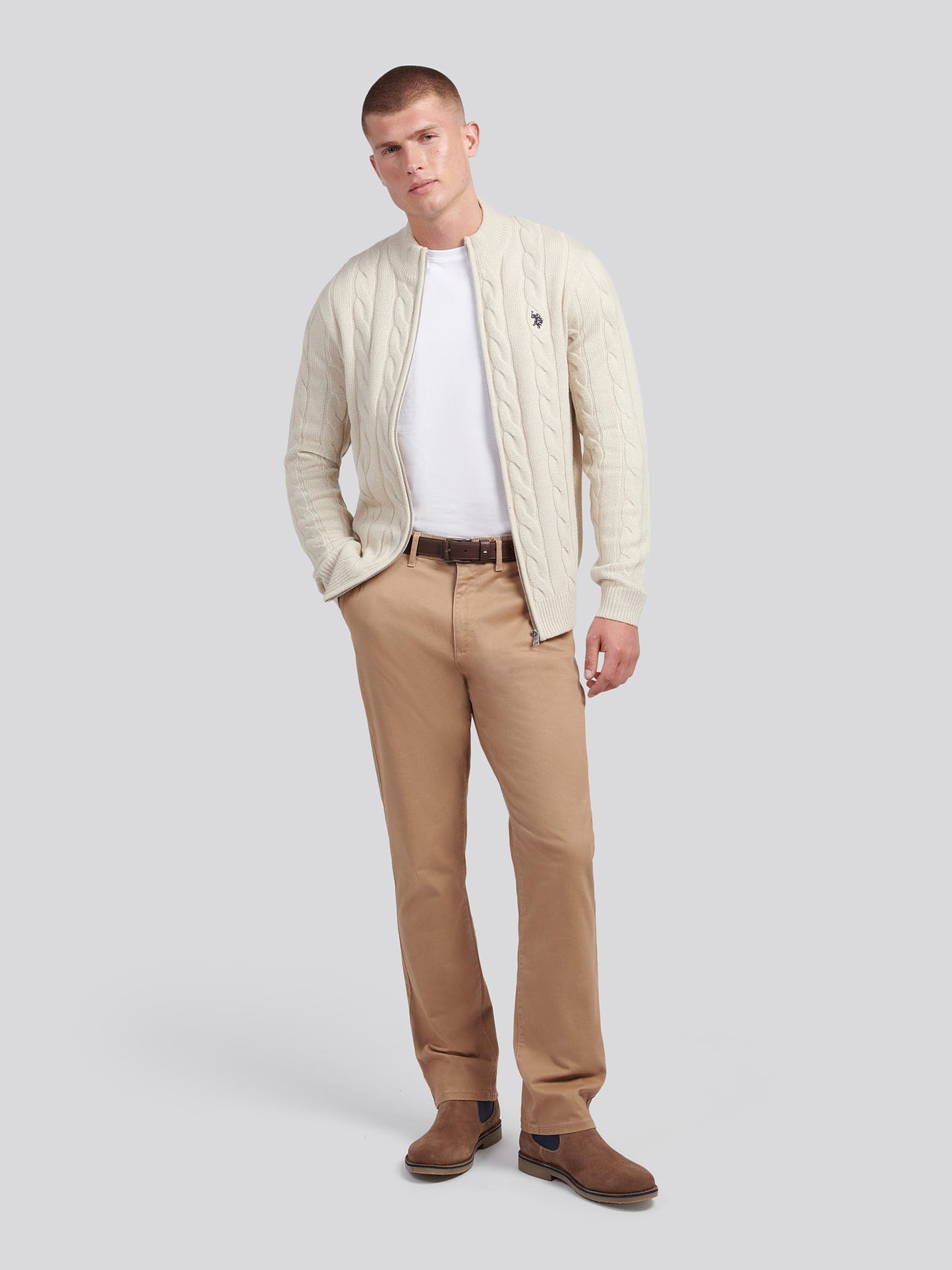 Mens Cable Knit Zip Funnel Neck in Birch Marl