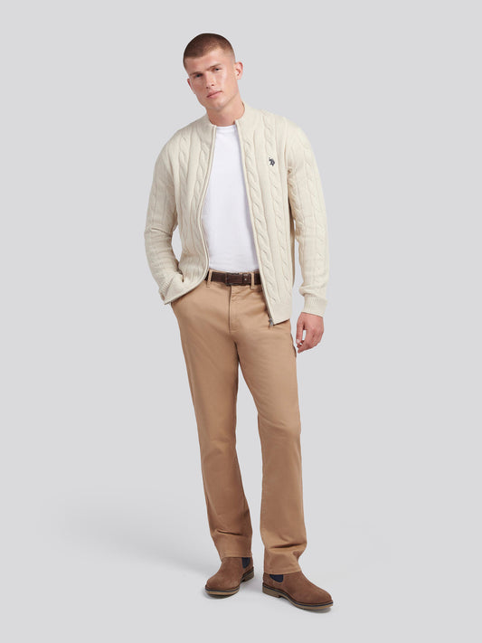 Mens Cable Knit Zip Funnel Neck in Birch Marl