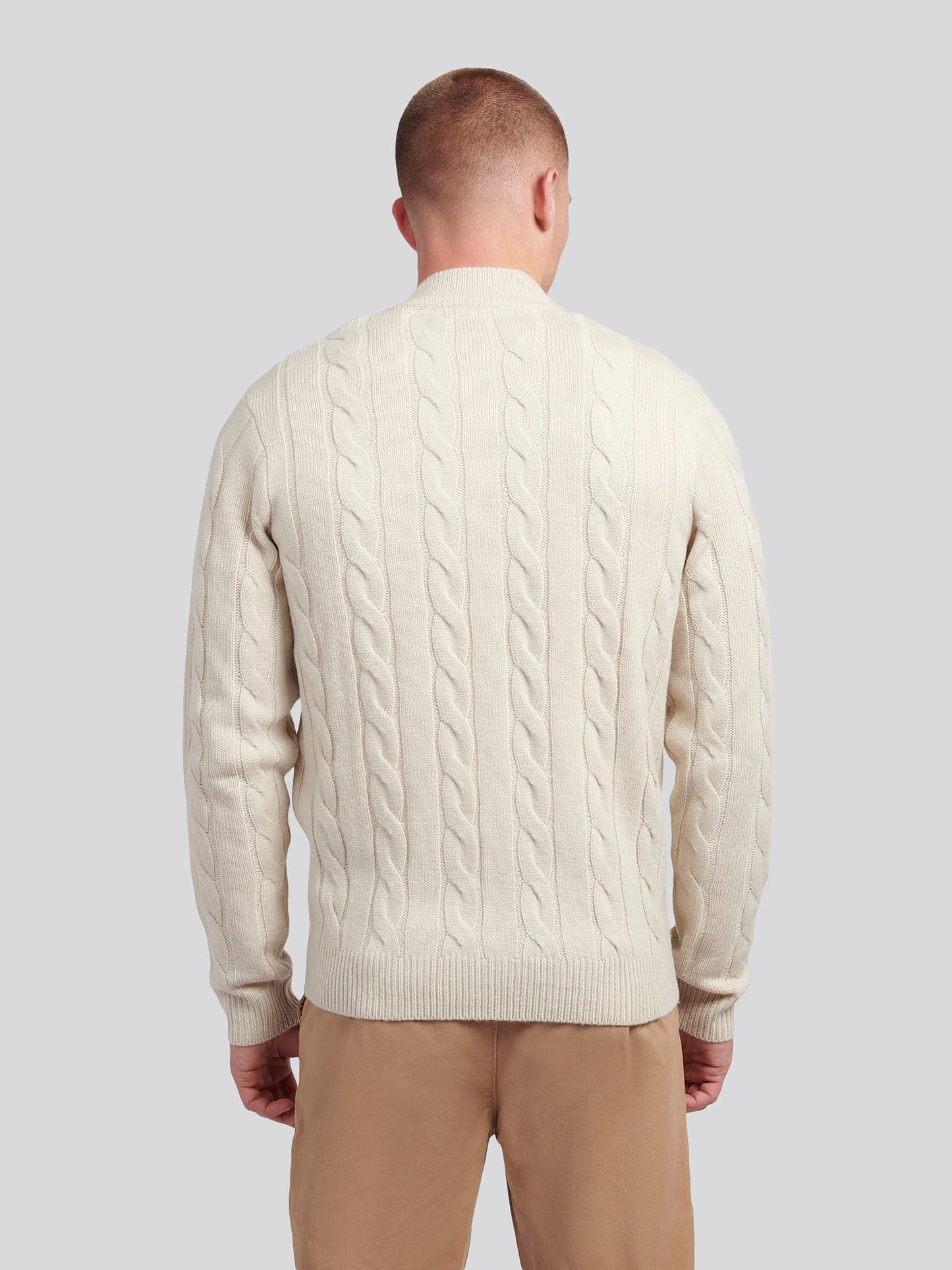 Mens Cable Knit Zip Funnel Neck in Birch Marl