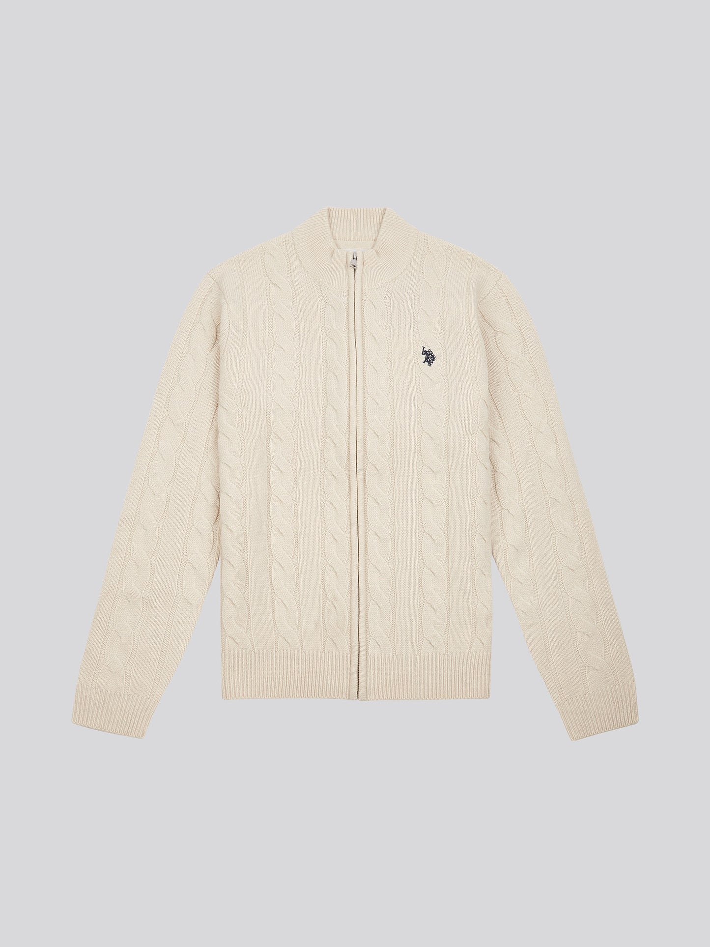 Mens Cable Knit Zip Funnel Neck in Birch Marl